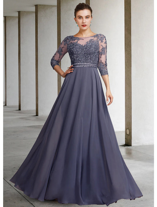 A-Line Mother of the Bride Dress Elegant Jewel Neck Floor Length Chiffon Lace 3/4 Length Sleeve with Pleats Appliques