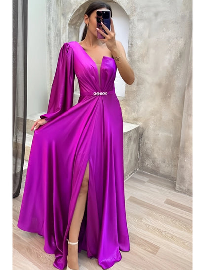 A-Line Evening Gown High Split Dress Formal Fall Sweep / Brush Train Long Sleeve One Shoulder Satin with Pleats Crystals Slit