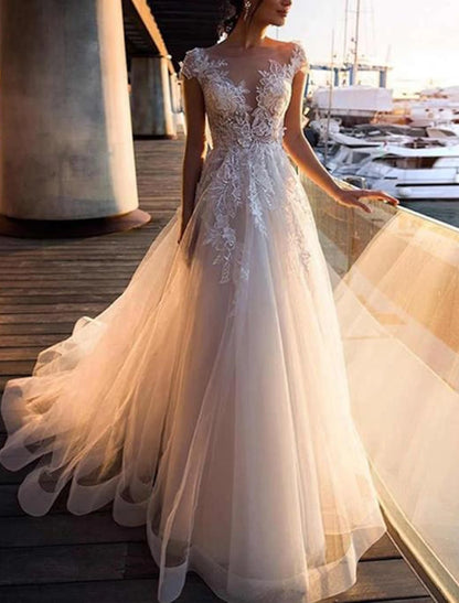 Beach Wedding Dresses A-Line Illusion Neck Cap Sleeve Floor Length Lace Bridal Gowns With Pleats