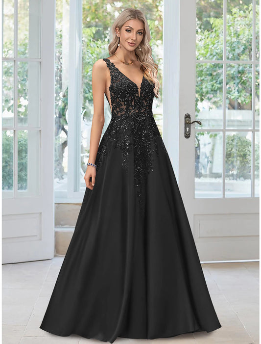 A-Line Evening Gown Floral Dress Formal Black Dress Floor Length Sleeveless V Neck Lace with Appliques