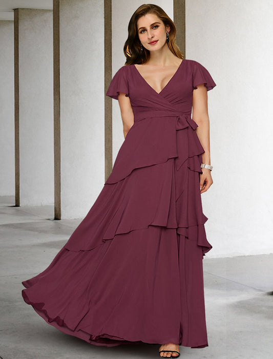 A-Line Mother of the Bride Dresses Plus Size Hide Belly Curve Vintage Dress Formal Floor Length Short Sleeve V Neck Chiffon with Ruffles Strappy Fall