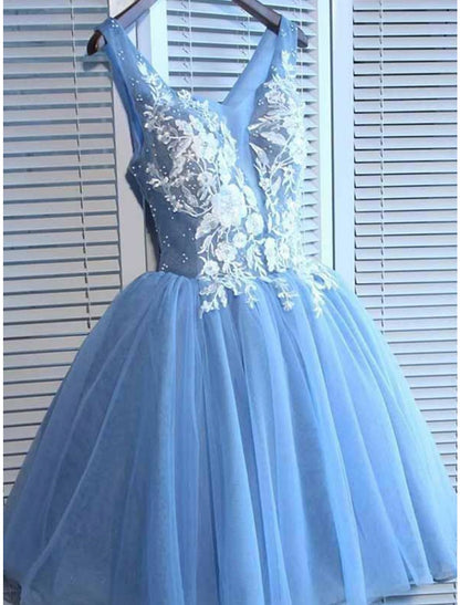 A-Line Homecoming Dresses Color Block Dress Graduation Sweet 16 Short / Mini Sleeveless V Neck Tulle with Appliques