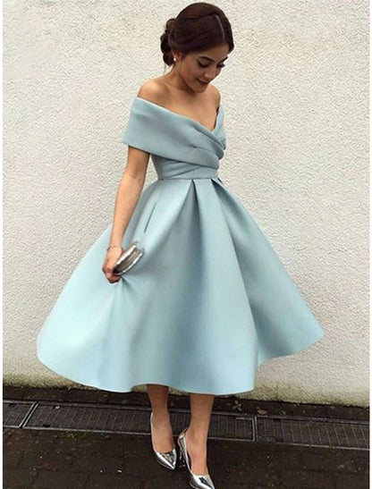 A-Line Cocktail Dresses 1950s Dress Homecoming Formal Evening Tea Length Short Sleeve V Neck Stretch Fabric V Back with Pleats