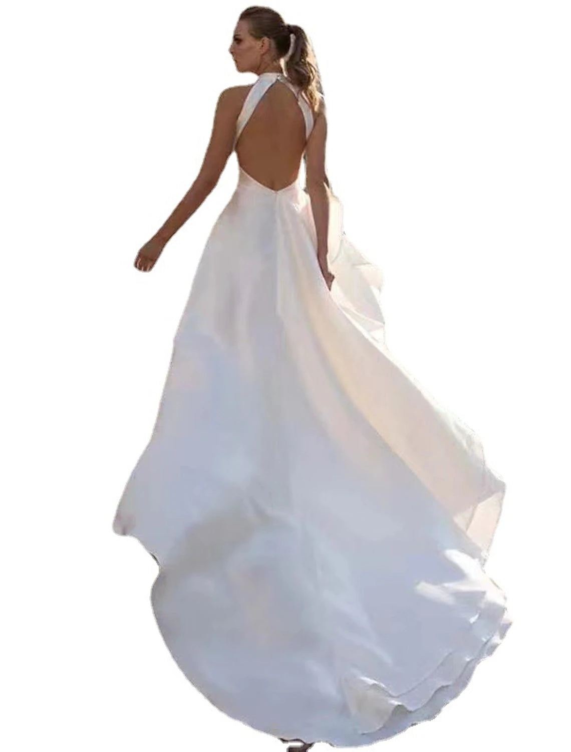 Reception Open Back Casual Wedding Dresses A-Line Halter Sleeveless Court Train Satin Bridal Gowns With Solid Color Summer Fall Wedding Party