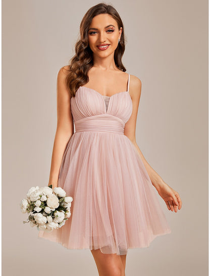 A-Line Homecoming Dresses Princess Dress Cocktail Party Birthday Short / Mini Sleeveless Spaghetti Strap Tulle with Ruched