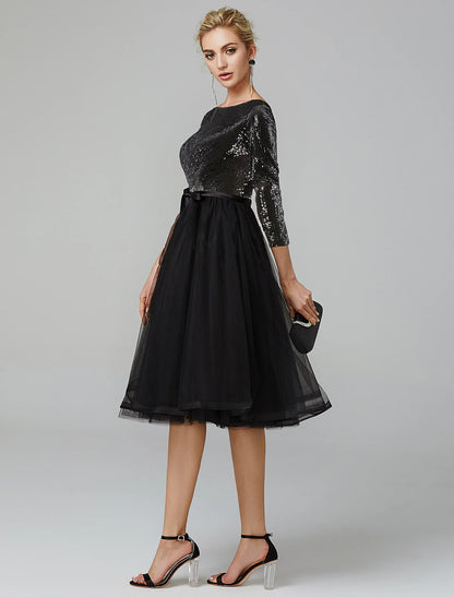 A-Line Cocktail Dresses Sparkle & Shine Dress Formal Wedding Guest Tea Length 3/4 Length Sleeve Jewel Neck Fall Wedding Guest Tulle with Sequin Strappy