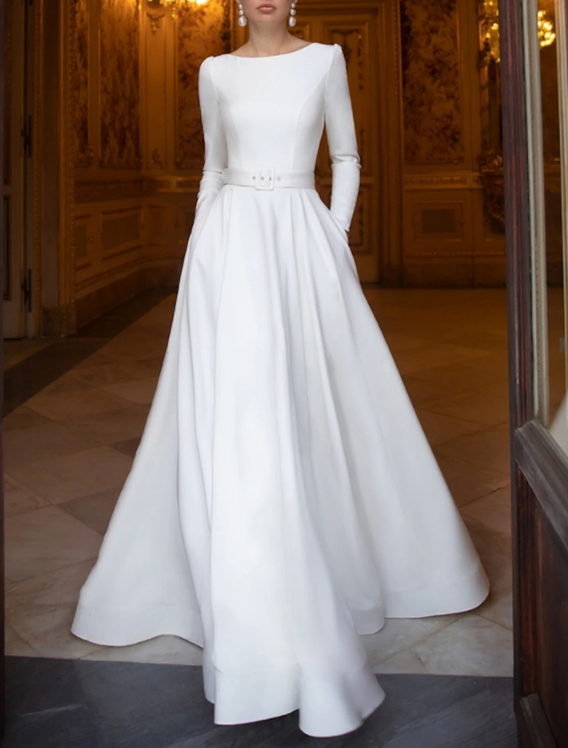 Hall Casual Wedding Dresses A-Line Jewel Neck Long Sleeve Floor Length Stretch Satin Bridal Gowns With