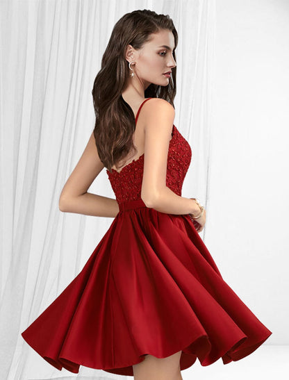 A-Line Prom Dresses Minimalist Dress Homecoming Party Wear Short / Mini Sleeveless Spaghetti Strap Satin with Pleats