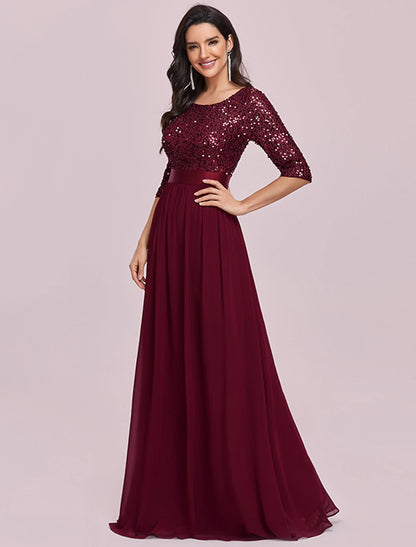 A-Line Mother of the Bride Dress Wedding Guest Plus Size Elegant Jewel Neck Floor Length Tulle Sequined 3/4 Length Sleeve with Sequin Fall