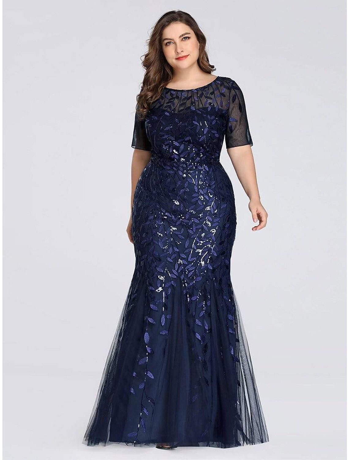 Mermaid / Trumpet Empire Elegant Party Wear Formal Evening Dress Jewel Neck Short Sleeve Floor Length Tulle with Embroidery 2022 / Illusion Sleeve