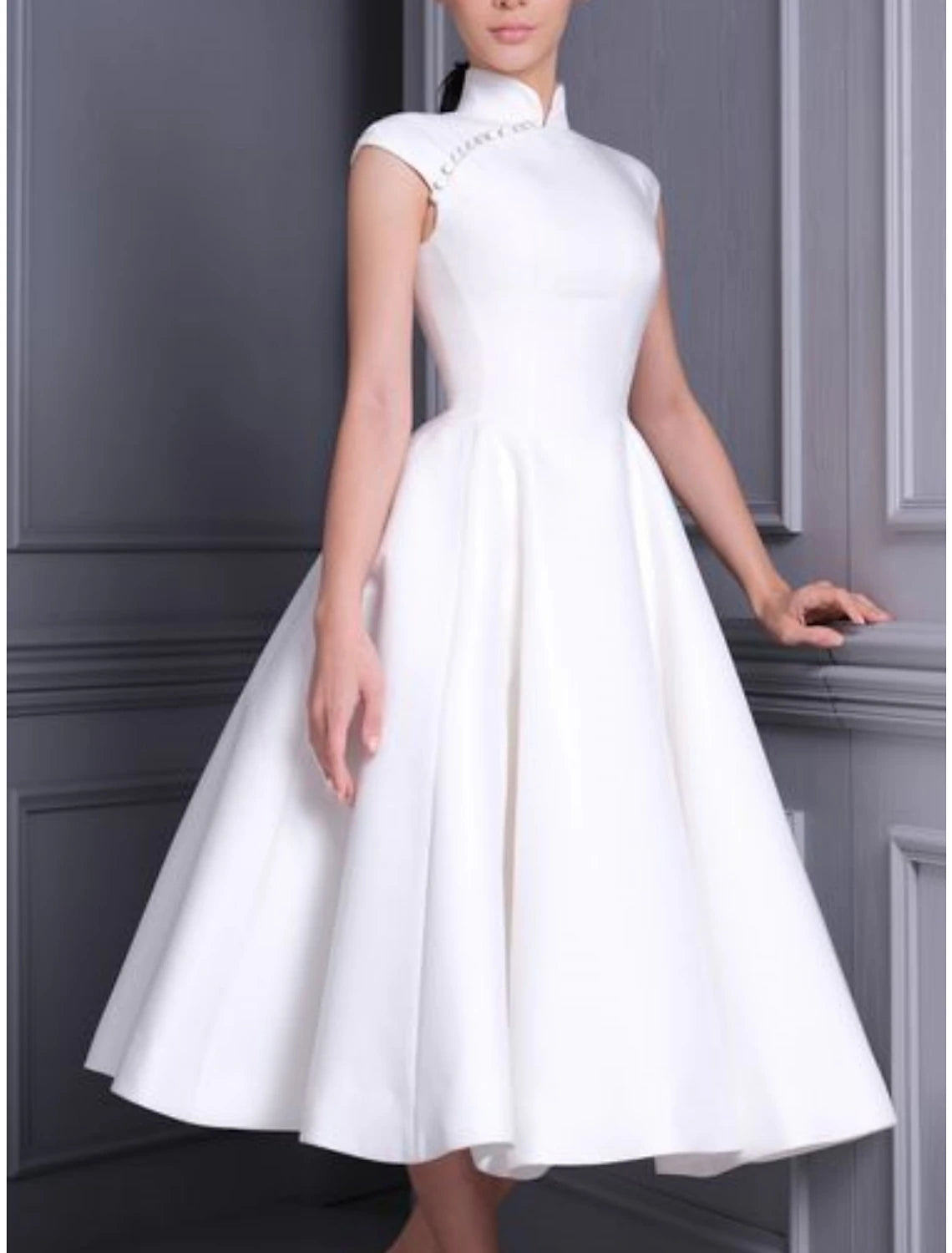 Engagement Little White Dresses Wedding Dresses A-Line High Neck Cap Sleeve Tea Length Satin Bridal Gowns With Pleats Solid Color