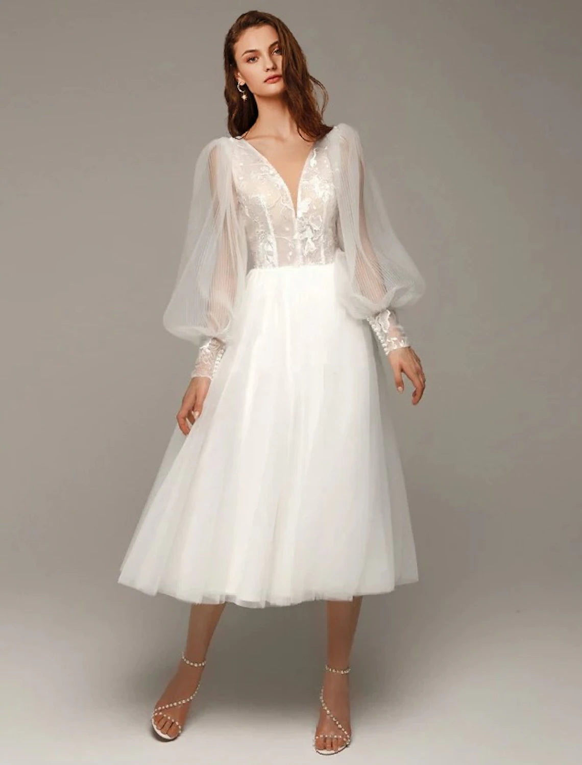 Hall Vintage 1940s / 1950s Little White Dresses Wedding Dresses A-Line V Neck Long Sleeve Tea Length Satin Bridal Gowns With Appliques Solid