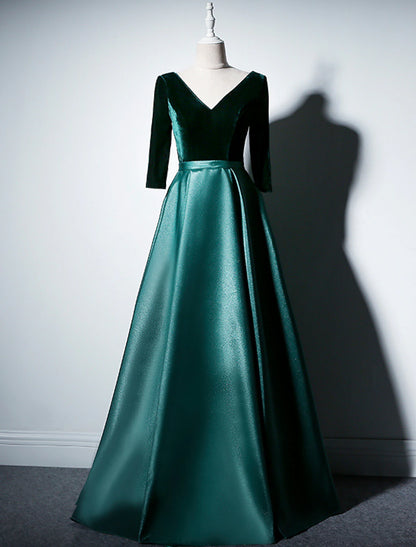 A-Line Mother of the Bride Dress Simple Elegant V Neck Floor Length Taffeta Velvet Long Sleeve with Pleats