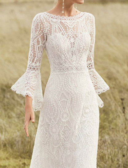 Beach Boho Wedding Dresses A-Line Scoop Neck Long Sleeve Sweep / Brush Train Lace Bridal Gowns With Lace Solid