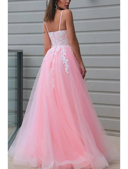 A-Line Prom Dresses Princess Dress Formal Wedding Party Floor Length Sleeveless V Neck Tulle with Pleats Appliques