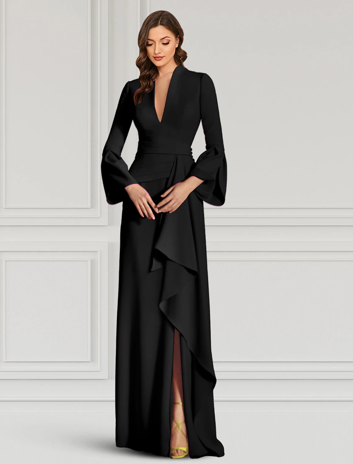 Sheath / Column Evening Gown Elegant Dress Formal Cocktail Party Dress Floor Length Long Sleeve V Neck Fall Wedding Guest Stretch Fabric with Ruffles