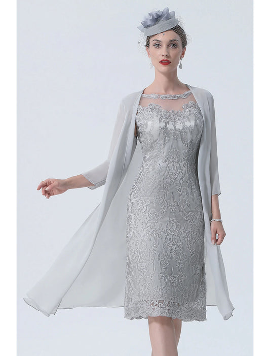 Two Piece Mother of the Bride Dress Church Vintage Plus Size Sexy Jewel Neck Tea Length Chiffon 3/4 Length Sleeve with Lace