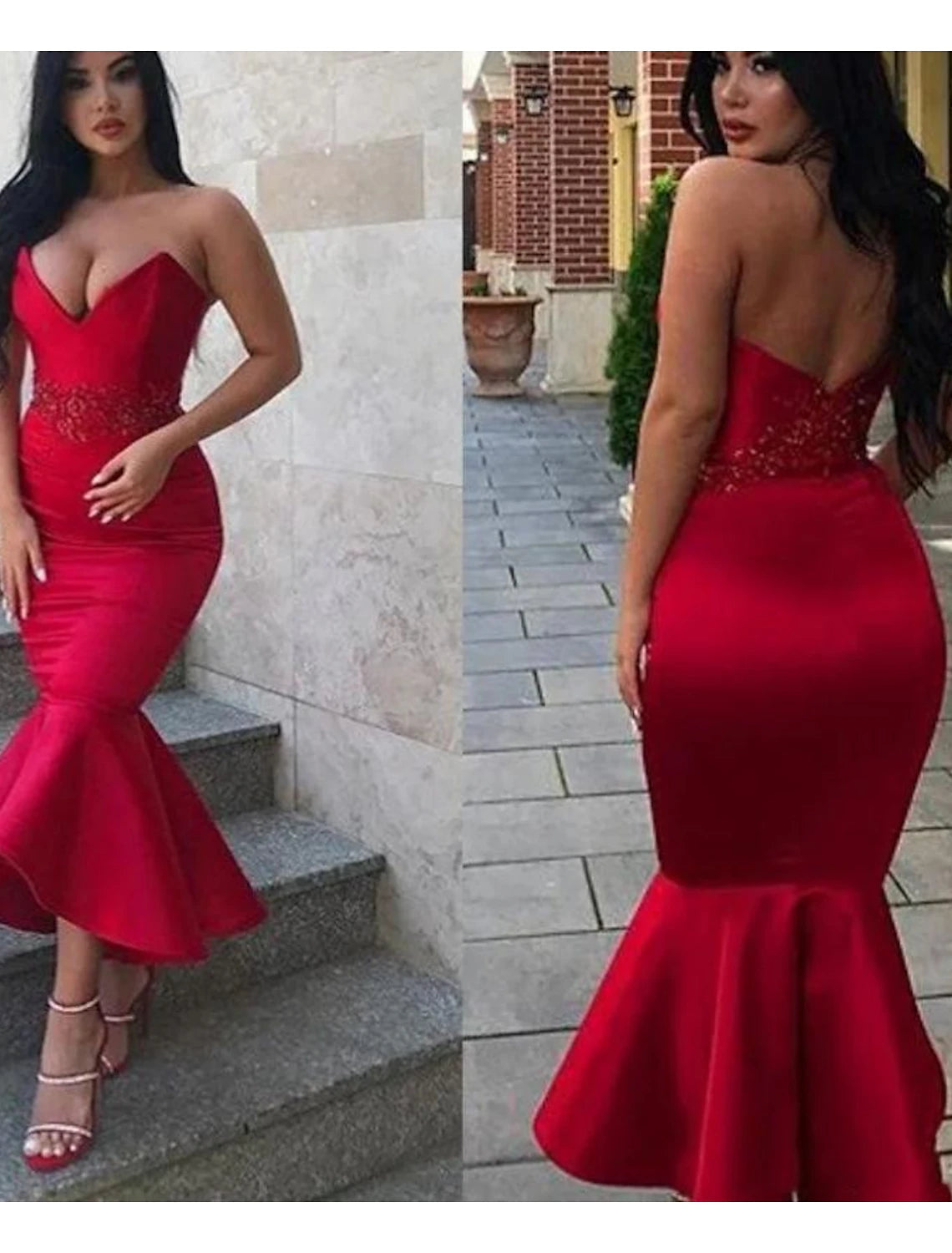 Mermaid / Trumpet Party Dresses Backless Dress Homecoming Cocktail Party Ankle Length Sleeveless V Neck Italy Satin Backless with Appliques