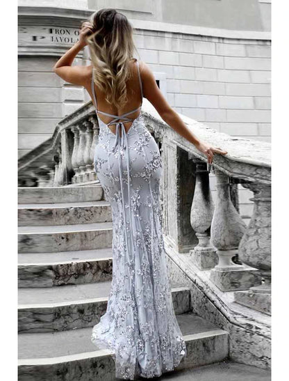 Mermaid / Trumpet Prom Dresses Sparkle & Shine Dress Formal Wedding Guest Sweep / Brush Train Sleeveless V Neck Lace with Sequin