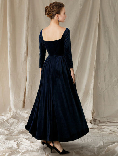 A-Line Mother of the Bride Dress Wedding Guest Elegant V Neck Ankle Length Velvet Long Sleeve with Pleats