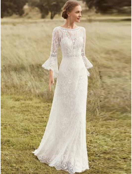 Beach Boho Wedding Dresses A-Line Scoop Neck Long Sleeve Sweep / Brush Train Lace Bridal Gowns With Lace Solid