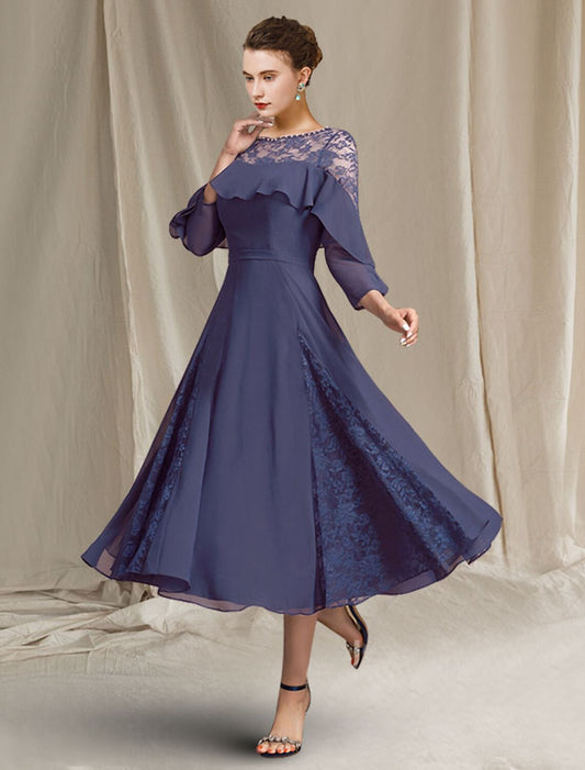 A-Line Mother of the Bride Dress Elegant Jewel Neck Tea Length Chiffon 3/4 Length Sleeve with Pleats Sequin Ruffles