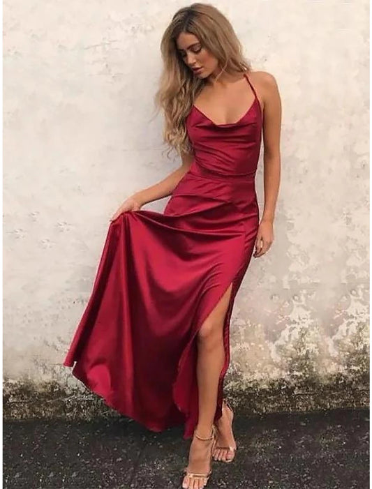 A-Line Beautiful Back Sexy High Split Engagement Prom Formal Evening Dress Spaghetti Strap Sleeveless Floor Length Satin with Ruffles