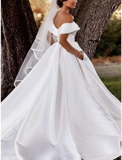 Formal Wedding Dresses Ball Gown Off Shoulder Short Sleeve Court Train Satin Bridal Gowns With Pleats