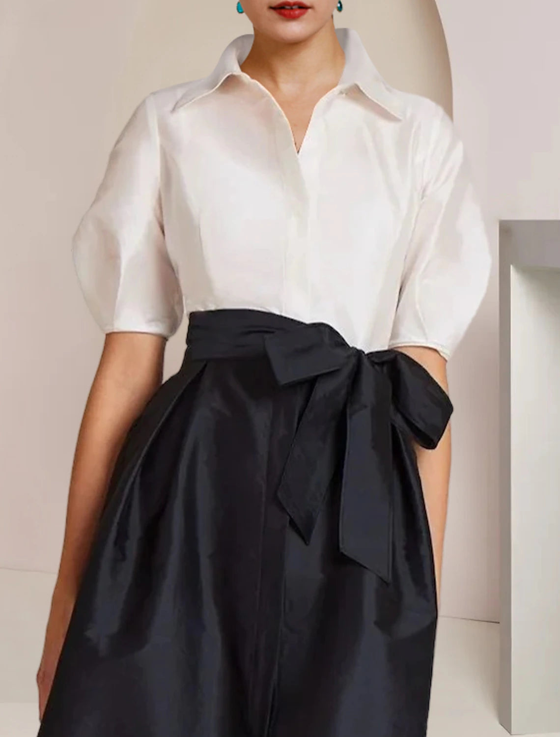 A-Line Mother of the Bride Dress Formal Wedding Guest Elegant Party Shirt Collar Floor Length Taffeta Short Sleeve with Bow(s) Color Block