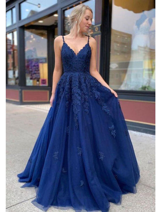 A-line/Princess V Neck Long/Floor-Length Lace Prom Dresses