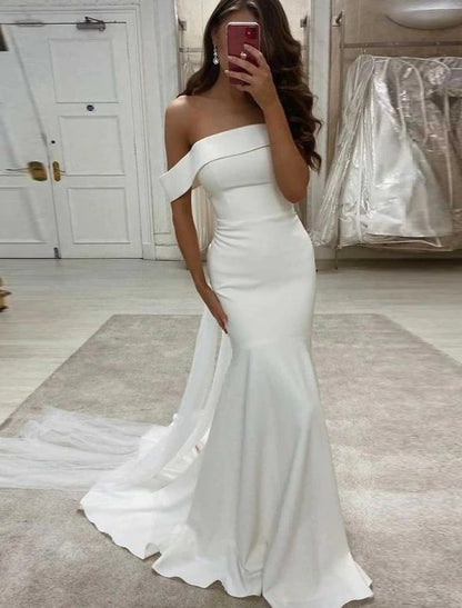 Reception Sexy Wedding Dresses Mermaid / Trumpet Off Shoulder Cap Sleeve Sweep / Brush Train Stretch Fabric Bridal Gowns With Solid