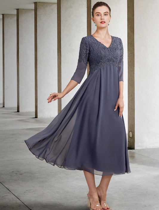 A-Line Mother of the Bride Dress Fall Wedding Guest Plus Size Elegant V Neck Tea Length Chiffon Lace 3/4 Length Sleeve with Ruffles Appliques