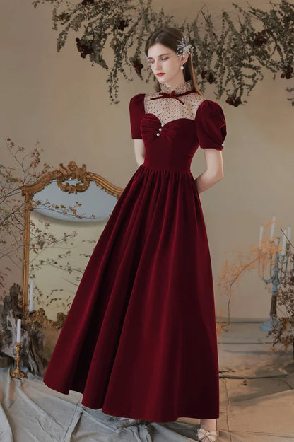 Burgundy Velvet Tea Length Prom Dress Cute Short Sleeve Evening Party Dress