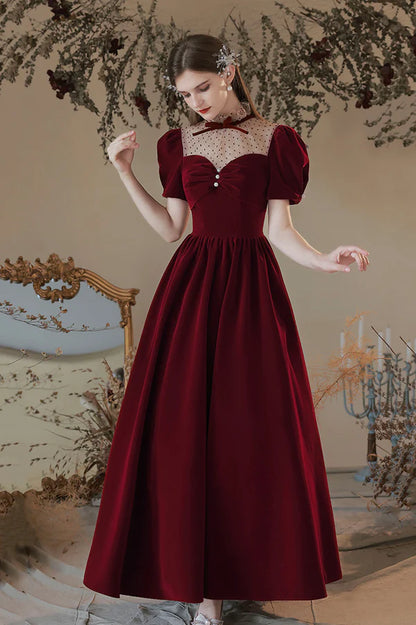 Burgundy Velvet Tea Length Prom Dress Cute Short Sleeve Evening Party Dress