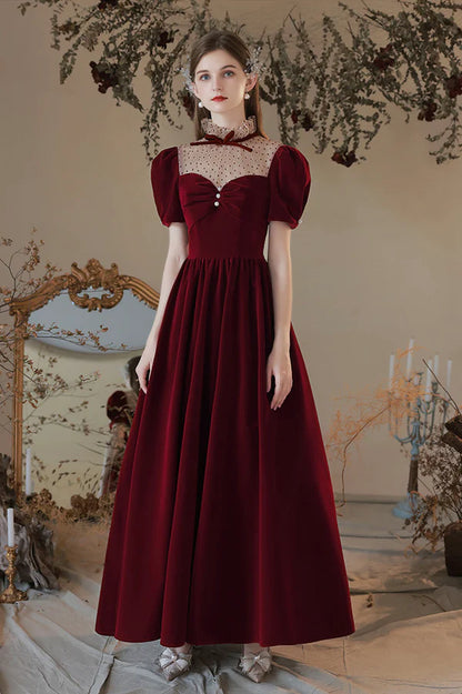 Burgundy Velvet Tea Length Prom Dress Cute Short Sleeve Evening Party Dress