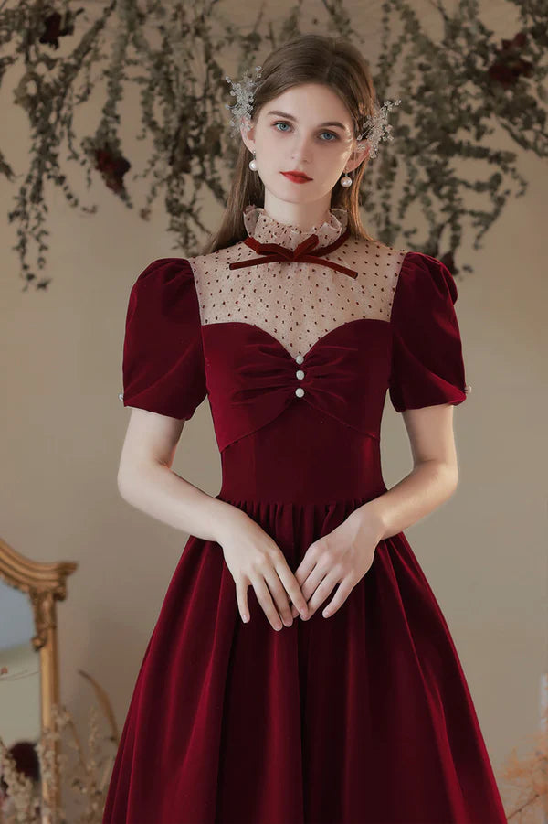 Burgundy Velvet Tea Length Prom Dress Cute Short Sleeve Evening Party Dress