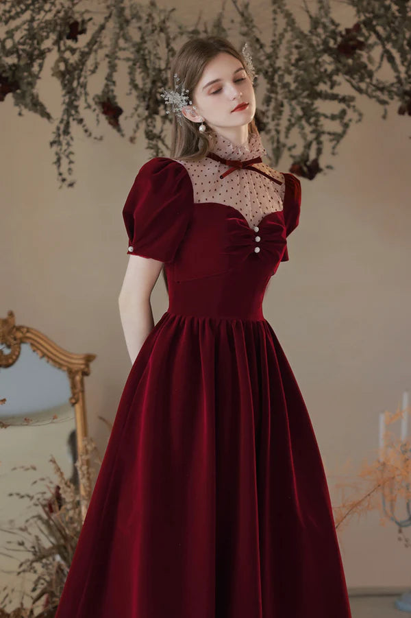 Burgundy Velvet Tea Length Prom Dress Cute Short Sleeve Evening Party Dress