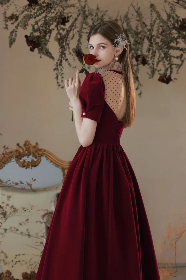 Burgundy Velvet Tea Length Prom Dress Cute Short Sleeve Evening Party Dress