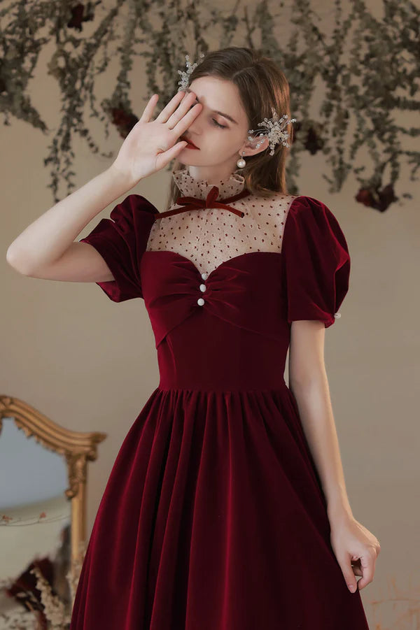 Burgundy Velvet Tea Length Prom Dress Cute Short Sleeve Evening Party Dress