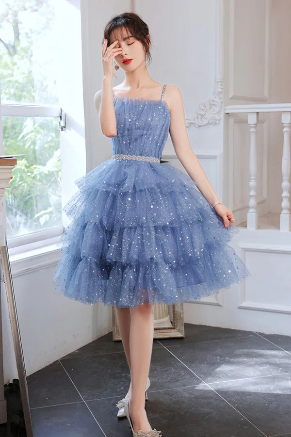 Spaghetti Strap Tulle Short Prom Dress Cute Blue Homecoming Party Dress