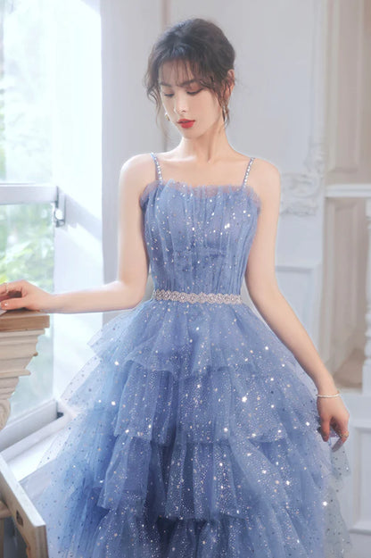 Spaghetti Strap Tulle Short Prom Dress Cute Blue Homecoming Party Dress