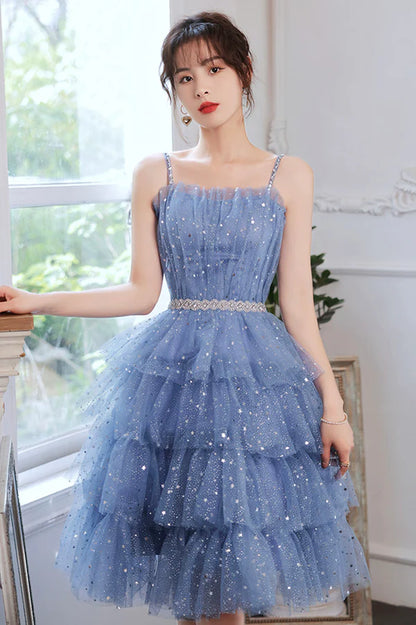 Spaghetti Strap Tulle Short Prom Dress Cute Blue Homecoming Party Dress