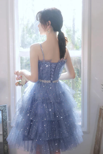 Spaghetti Strap Tulle Short Prom Dress Cute Blue Homecoming Party Dress