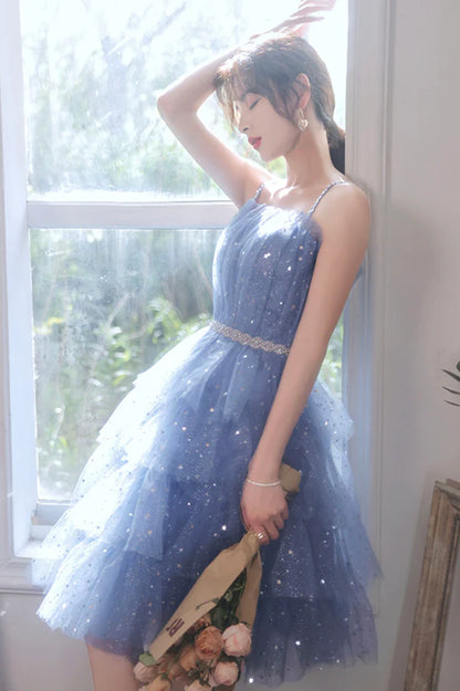 Spaghetti Strap Tulle Short Prom Dress Cute Blue Homecoming Party Dress