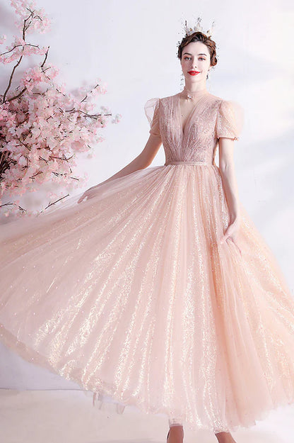 Pink Tulle Beaded Tea Length Prom Dress A-Line Evening Party Dress