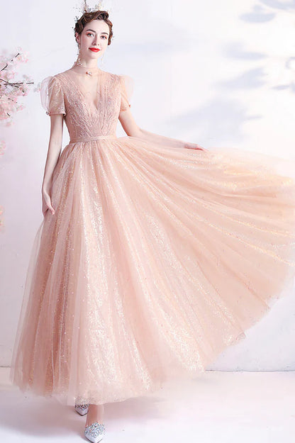 Pink Tulle Beaded Tea Length Prom Dress A-Line Evening Party Dress