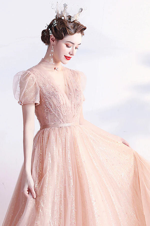 Pink Tulle Beaded Tea Length Prom Dress A-Line Evening Party Dress