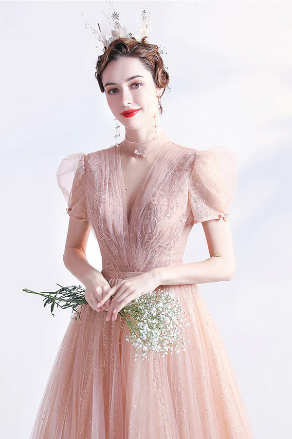 Pink Tulle Beaded Tea Length Prom Dress A-Line Evening Party Dress