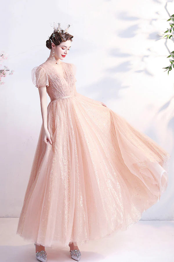 Pink Tulle Beaded Tea Length Prom Dress A-Line Evening Party Dress