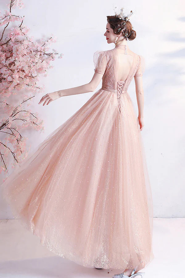 Pink Tulle Beaded Tea Length Prom Dress A-Line Evening Party Dress